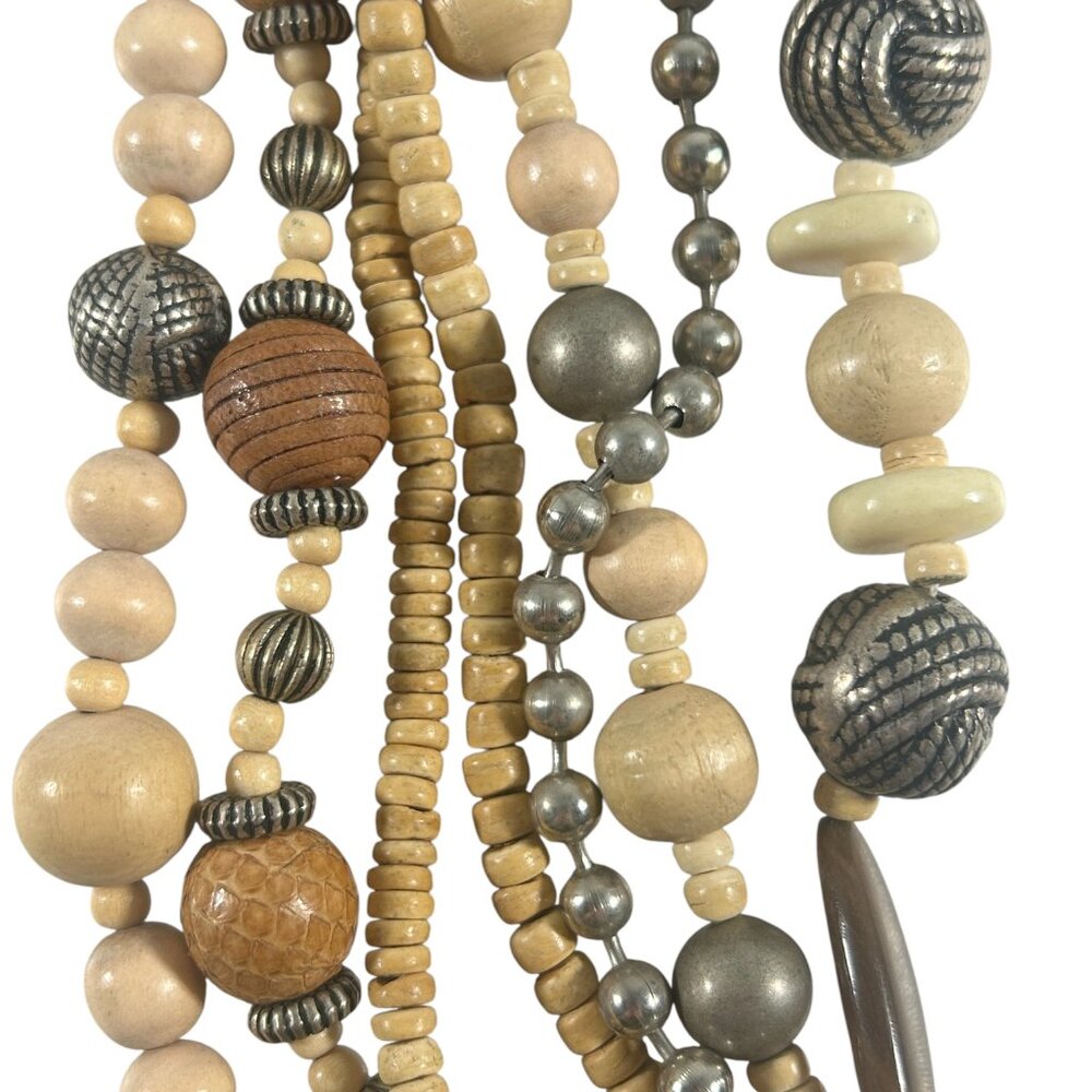 Multi Strand Beaded Necklace Wood Metal Brown Silver Tone Tribal Boho Earth Tone - Picture 8 of 9